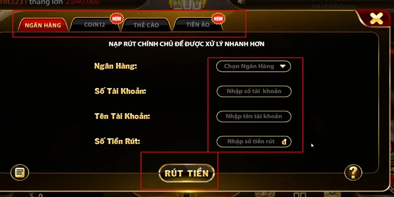 Chọn phương thức rút và tạo đơn rút tiền